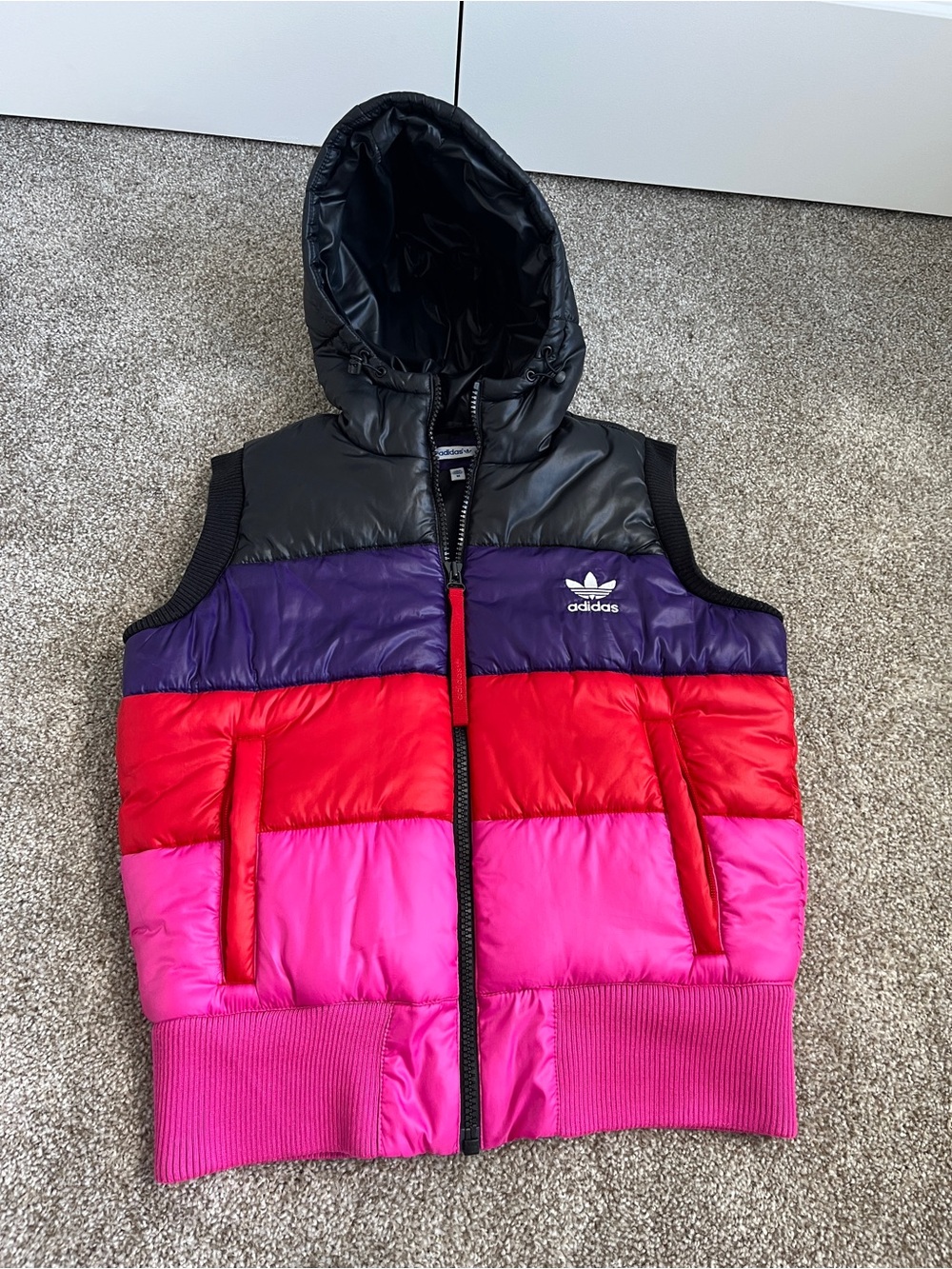 adidas Colorblock Hooded Puffer Vest in Black, Purple, Red, Pink